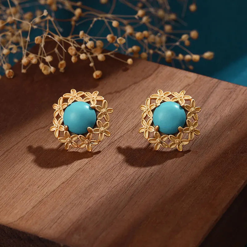 Vintage Turquoise Inlaid Flower Ear Studs