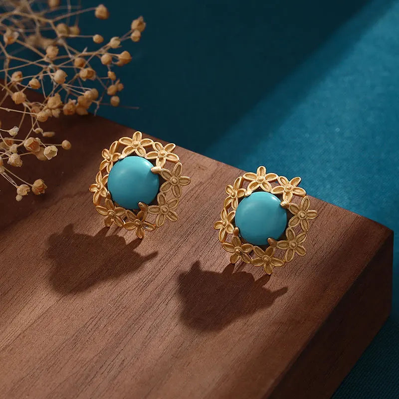 Vintage Turquoise Inlaid Flower Ear Studs