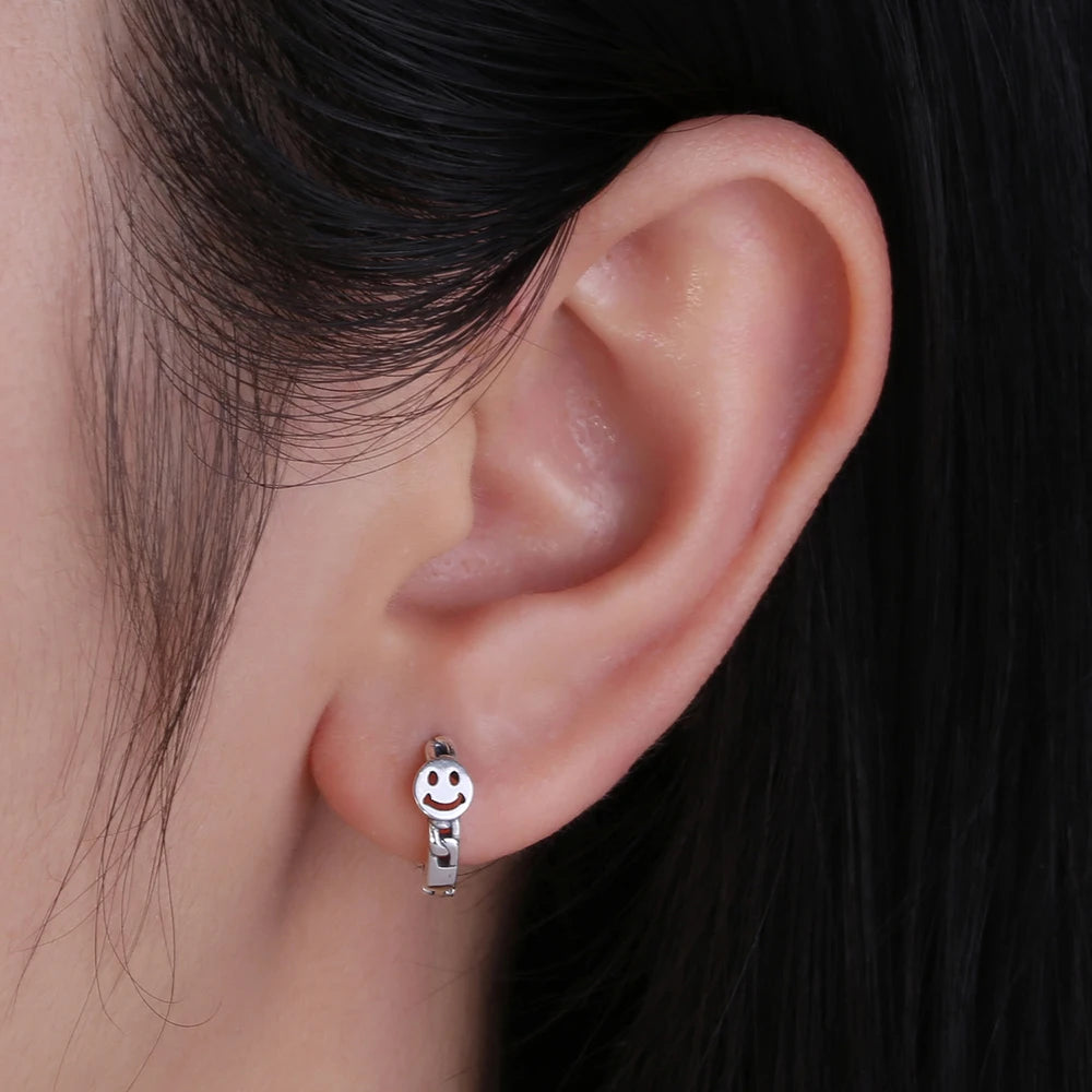 Vintage Thai Silver Smiling Face Hoop Earrings Punk Style Hollow Earring