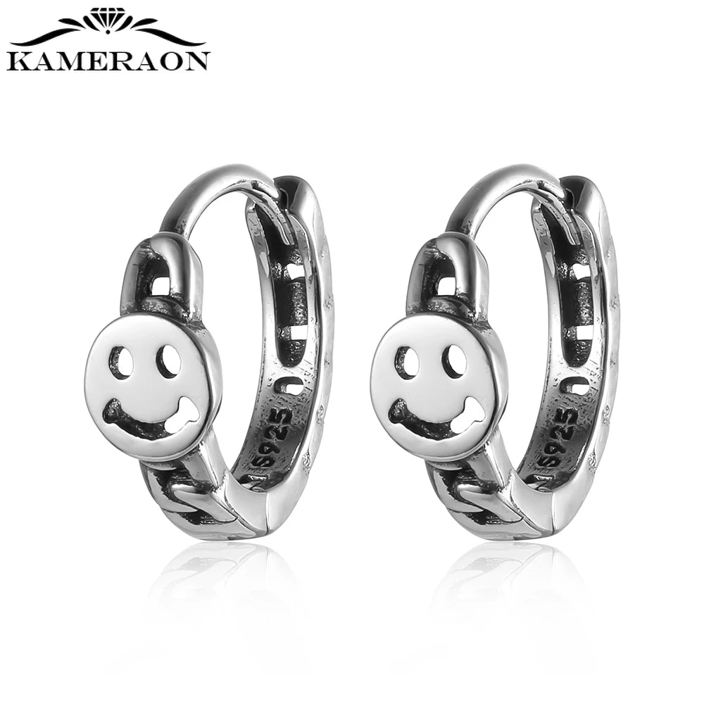 Vintage Thai Silver Smiling Face Hoop Earrings Punk Style Hollow Earring
