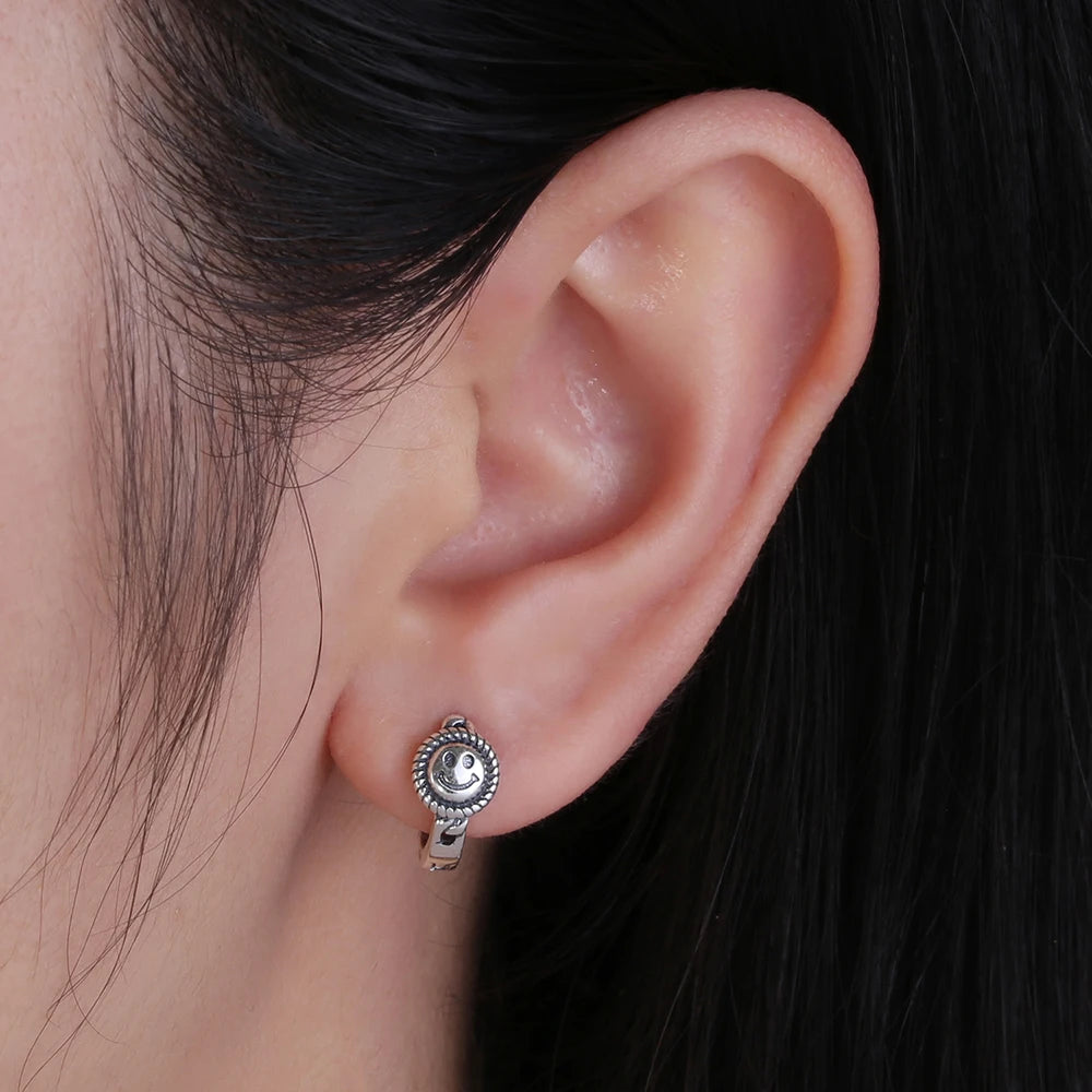 Vintage Thai Silver Smiling Face Hoop Earrings Punk Style Hollow Earring