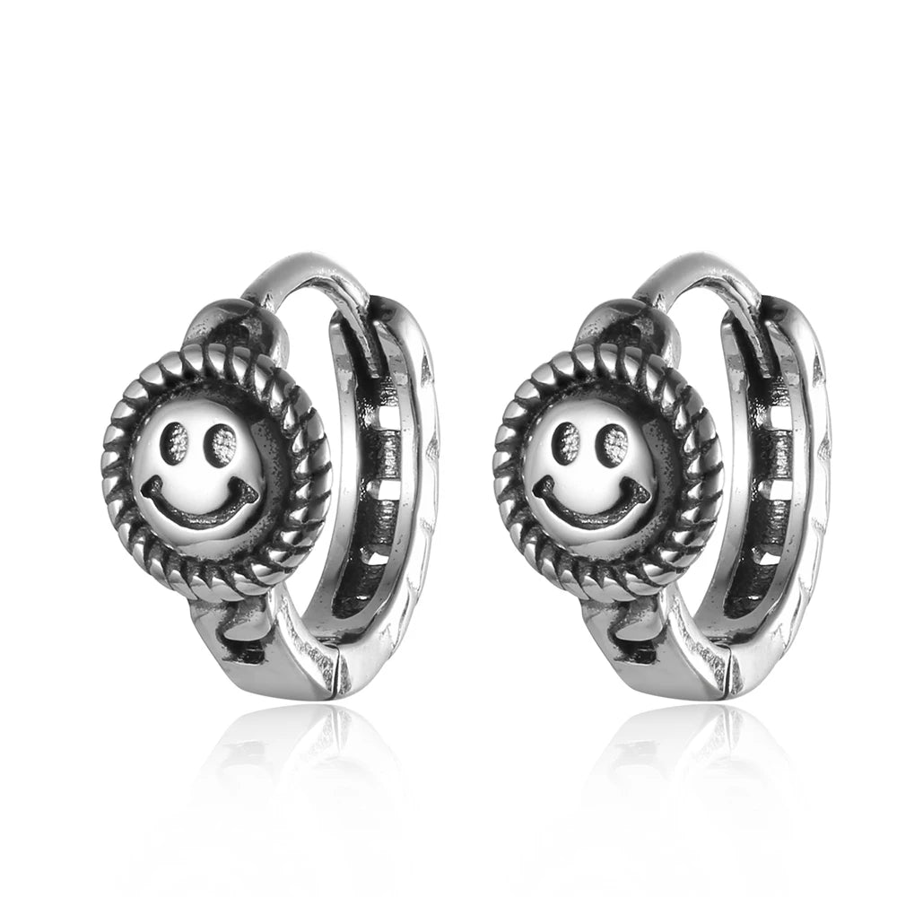 Vintage Thai Silver Smiling Face Hoop Earrings Punk Style Hollow Earring