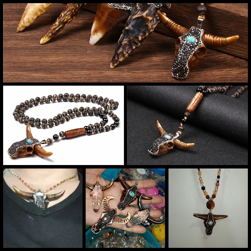 Vintage Cow Bone Head Bracelet Necklace Pendant Retro Men Women Gift