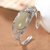 Vintage Silver Inlaid Natural Hetian Jade Flower Bangles for Women