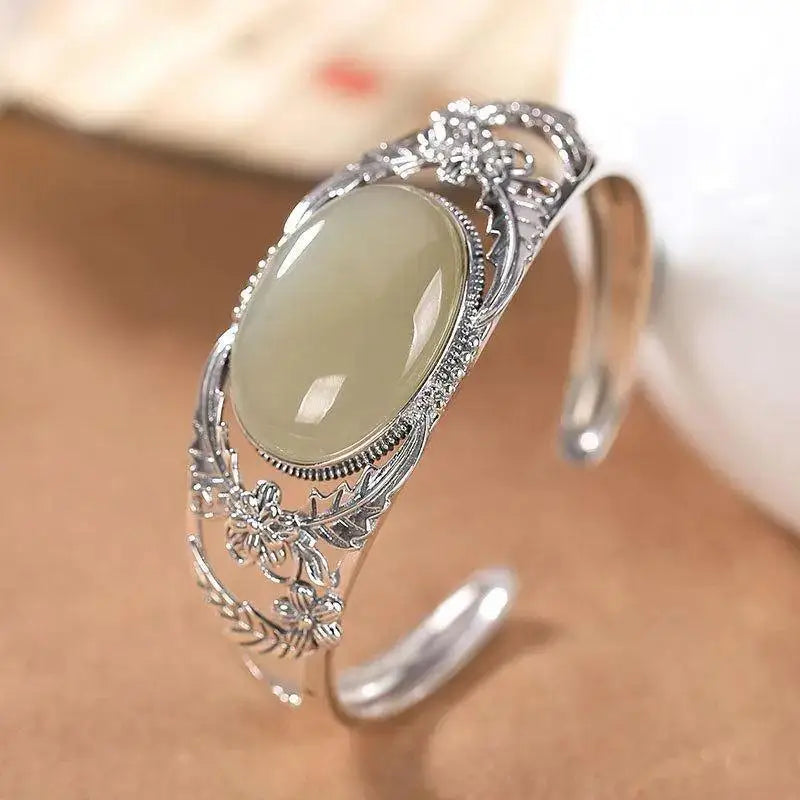 Vintage Silver Inlaid Natural Hetian Jade Flower Hollow Bangles for Women