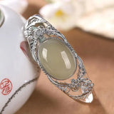 Vintage Silver Inlaid Natural Hetian Jade Flower Hollow Bangles for Women