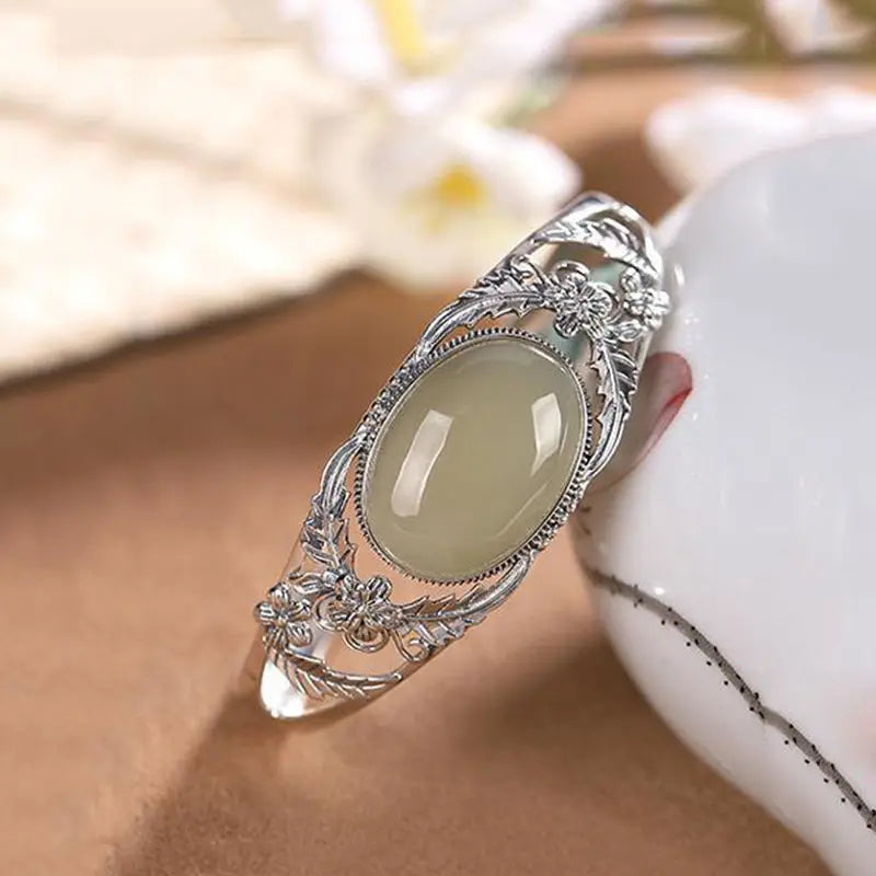 Vintage Silver Inlaid Natural Hetian Jade Flower Hollow Bangles for Women