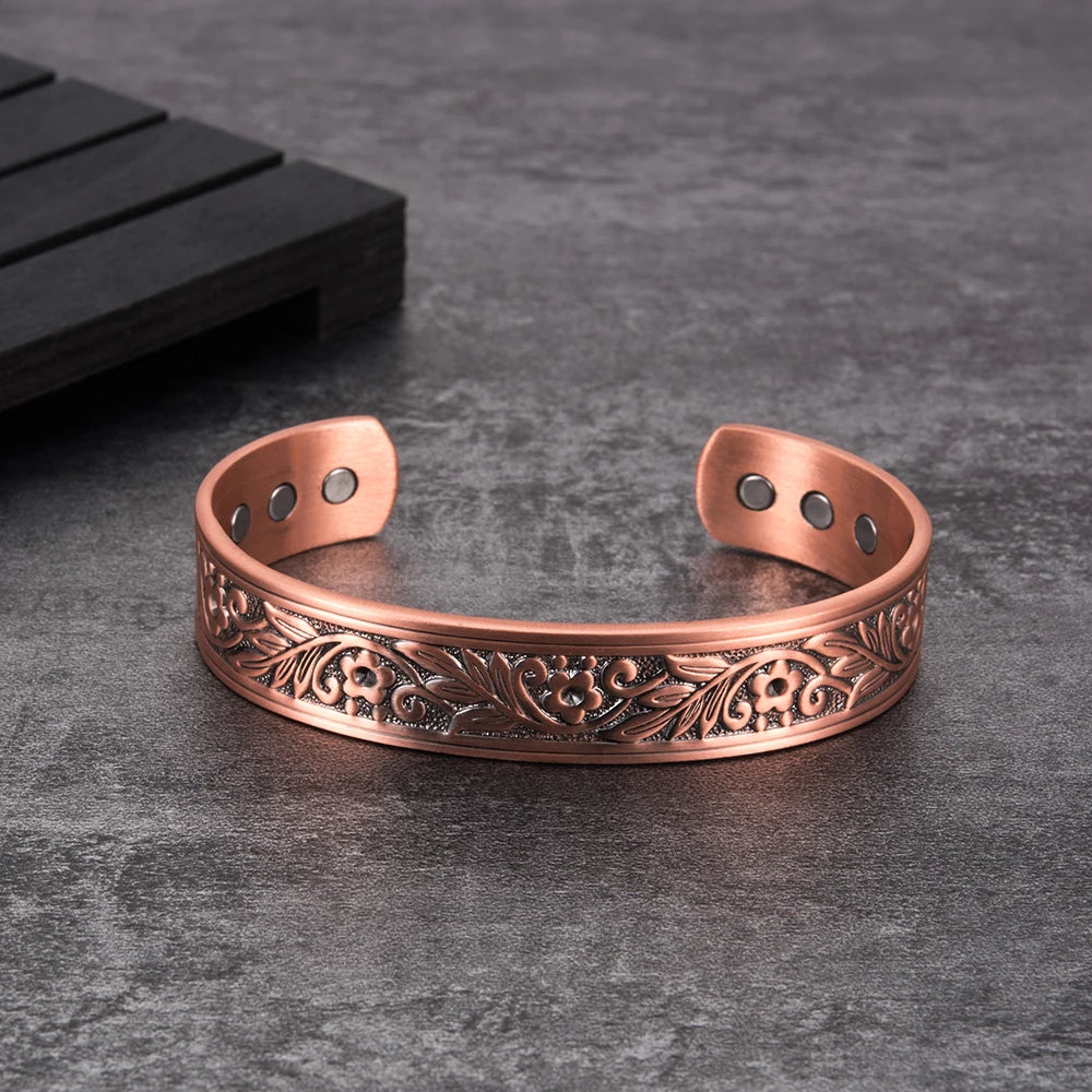 Copper Flower Leaf Cuff Magnetic Bracelet Adjustable Bangle