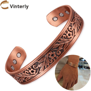 Copper Flower Leaf Cuff Magnetic Bracelet Adjustable Bangle