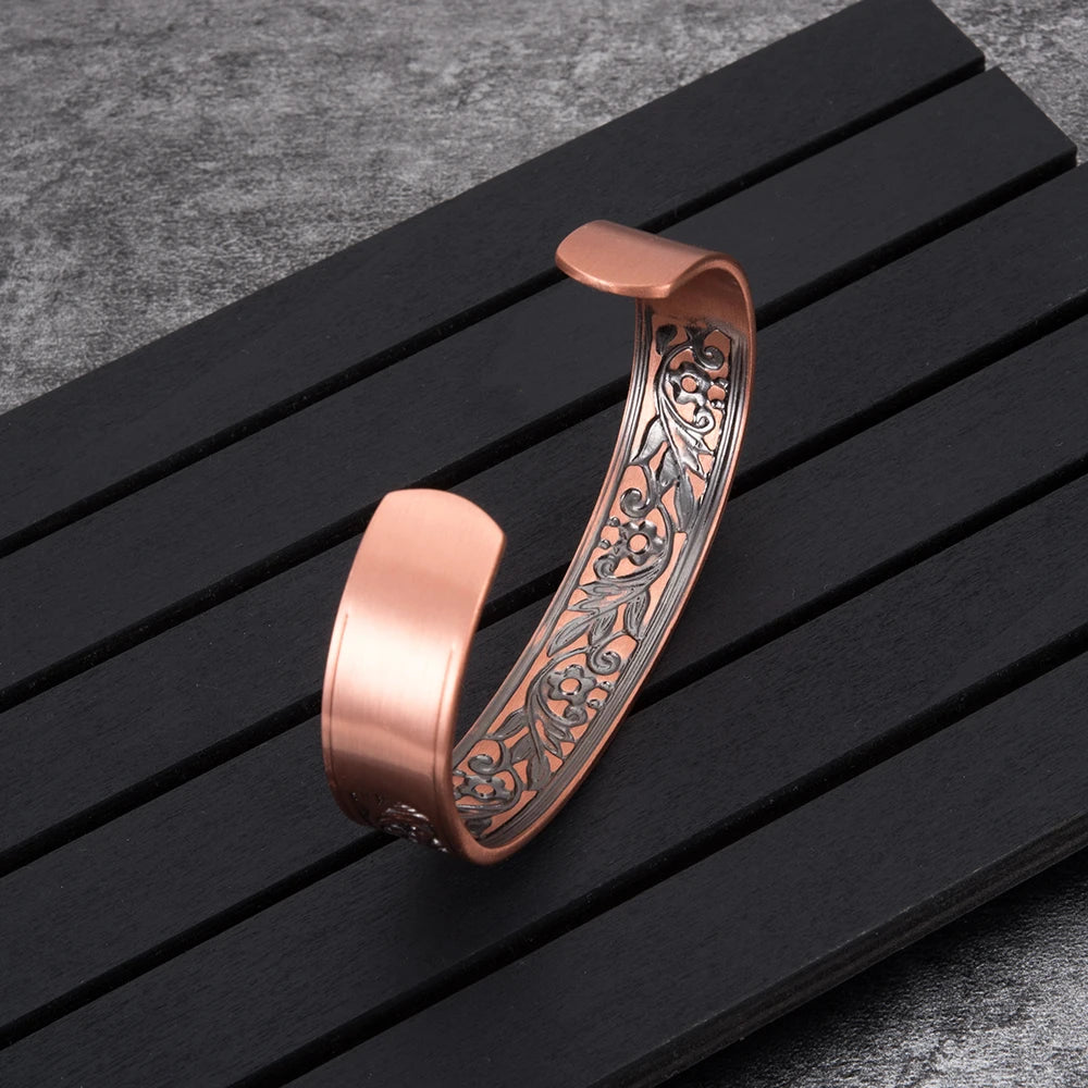 Copper Flower Leaf Cuff Magnetic Bracelet Adjustable Bangle