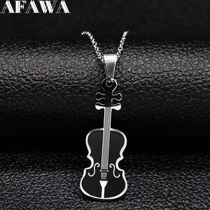 Violin Stainless Steel Necklace Music Enamel Chain Jewelry