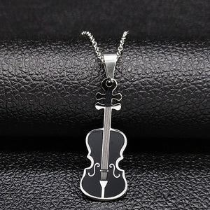 Violin Stainless Steel Necklace Music Enamel Chain Jewelry