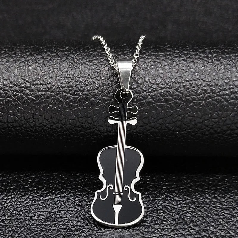 Violin Stainless Steel Necklace Music Enamel Chain Jewelry