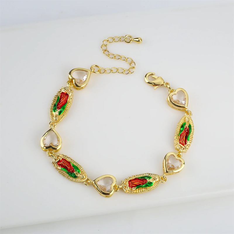 Virgin Mary Heart Bracelet Women Tennis CZ Crystal Green Pink Charm Jewelry