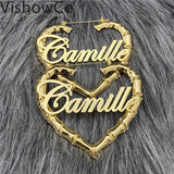 VishowCo Personalized Stainless Steel Heart Name Bamboo Earrings