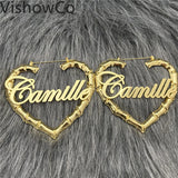 VishowCo Personalized Stainless Steel Heart Name Bamboo Earrings