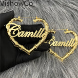 VishowCo Personalized Stainless Steel Heart Name Bamboo Earrings