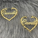 VishowCo Personalized Stainless Steel Heart Name Bamboo Earrings