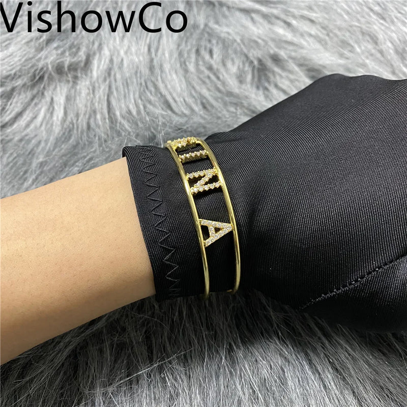 VishowCo Crystal Hollow Name Bangle Bracelet Personalized Rhinestone