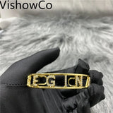 VishowCo Crystal Hollow Name Bangle Bracelet Personalized Rhinestone