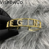 VishowCo Crystal Hollow Name Bangle Bracelet Personalized Rhinestone