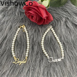 VishowCo Personalized Name Bracelet with Pearl Chain