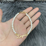 VishowCo Personalized Name Bracelet with Pearl Chain