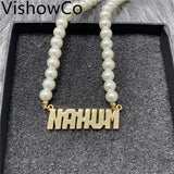 VishowCo Name Necklace Pearl Chain Personalized Name Nameplate Pendant
