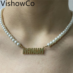 VishowCo Name Necklace Pearl Chain Personalized Name Nameplate Pendant