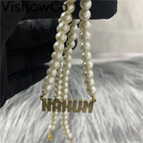 VishowCo Name Necklace Pearl Chain Personalized Name Nameplate Pendant