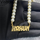 VishowCo Name Necklace Pearl Chain Personalized Name Nameplate Pendant