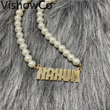 VishowCo Name Necklace Pearl Chain Personalized Name Nameplate Pendant