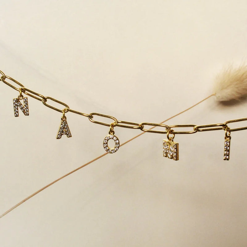 VishowCo Name Necklace with Zircon Letters on Paperclip Chain