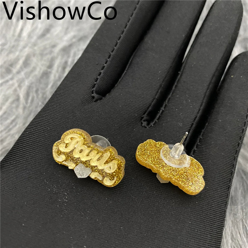 VishowCo Name Stud Earrings Personalized Nameplate acrylic laser stud earrings