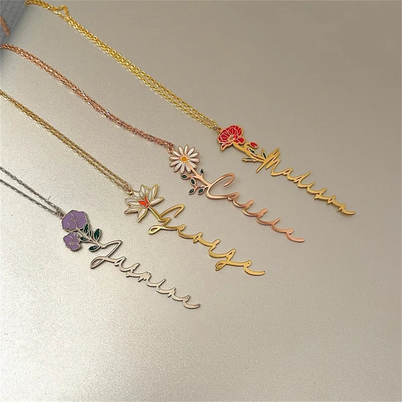 Birth Flower Necklace Custom Nameplate Choker Gift For Mom