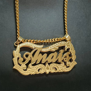VishowCo Two Tone Name Necklace Cuban Chain Double Nameplate Necklace