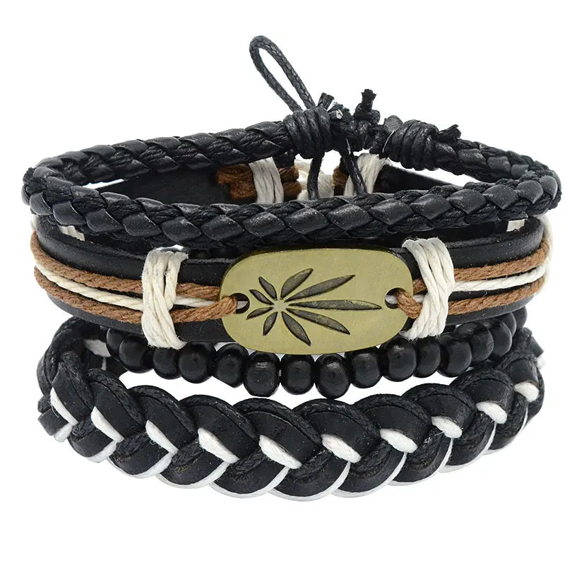 Adjustable Men's Vintage Beaded Leather Bracelet Wristband