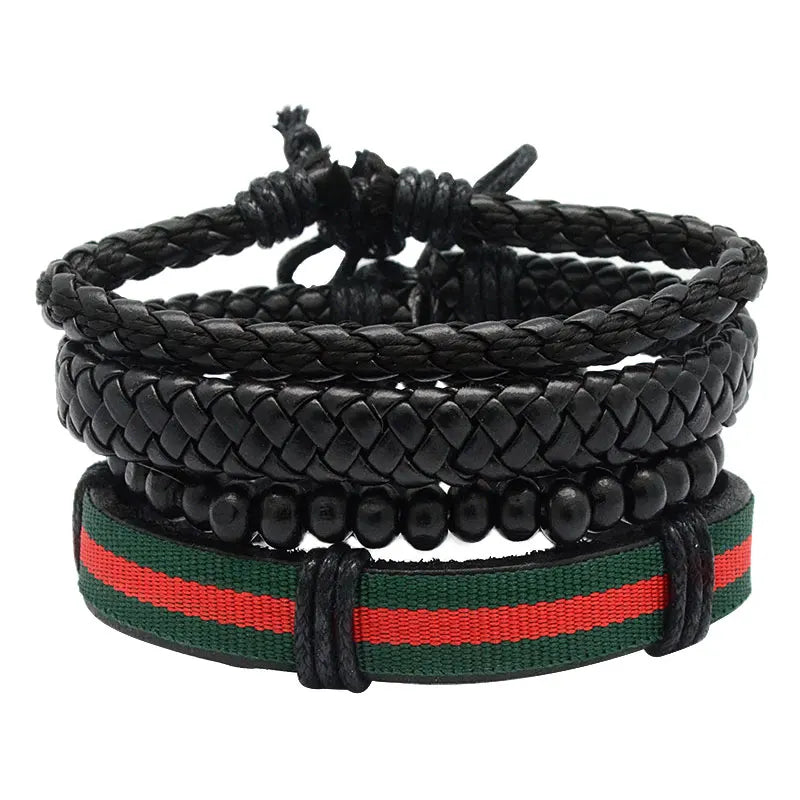 Adjustable Men's Vintage Leather Bracelet with Bead Wristband