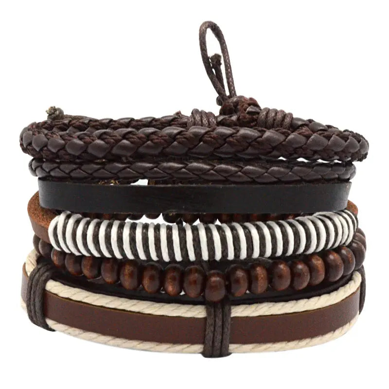 Adjustable Men's Brown Vintage Multilayer Leather Bead Bracelet