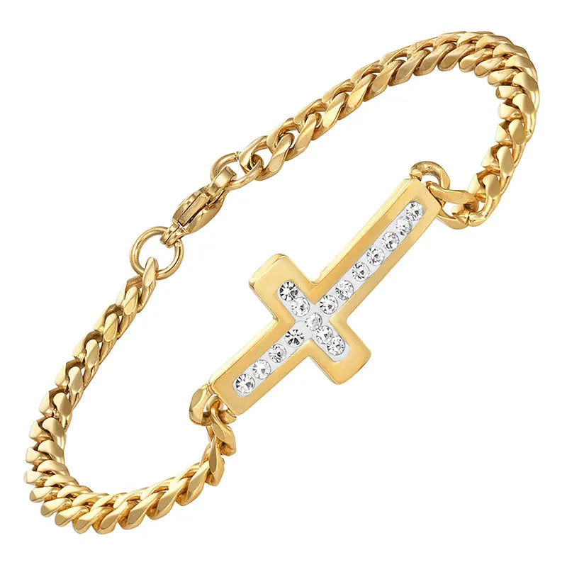 Crystal Charm Cross Bracelet Stainless Steel Chain Lobster Clasp