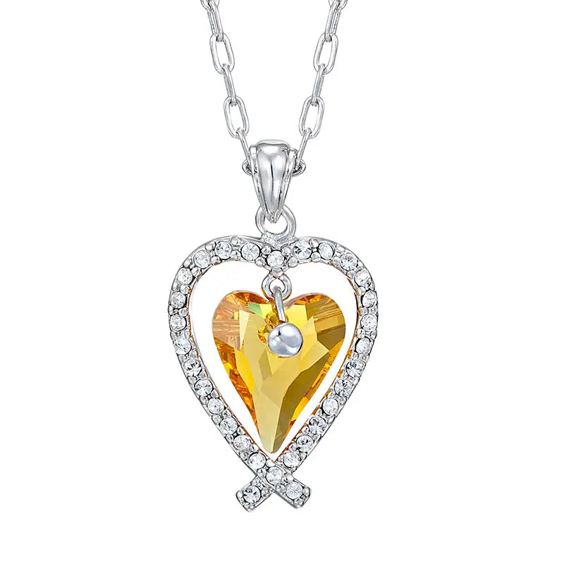 Yellow Crystal Heart Necklace Stainless Steel Jewelry