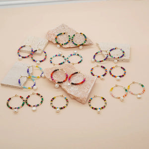 Vlen Boho Hoop Earrings Colorful Beads Pearl Drop Y2k Accessories