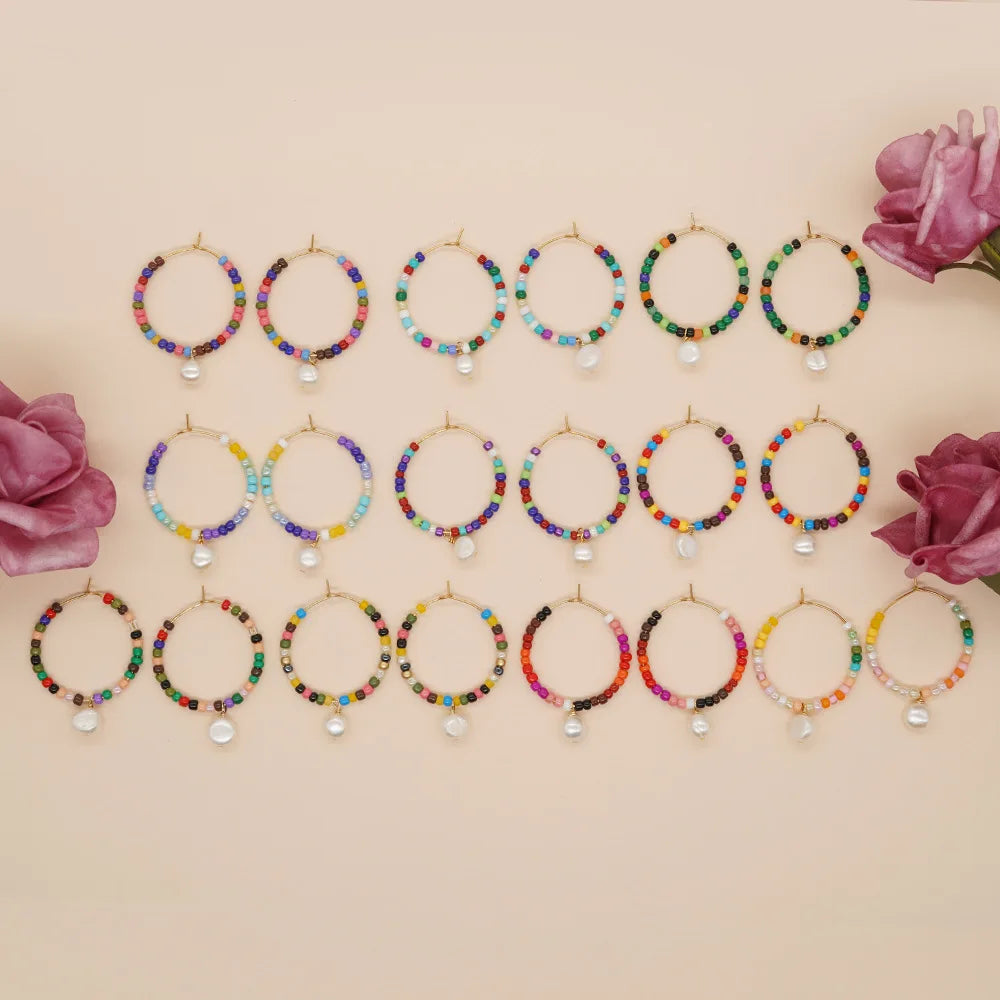 Vlen Boho Hoop Earrings Colorful Beads Pearl Drop Y2k Accessories