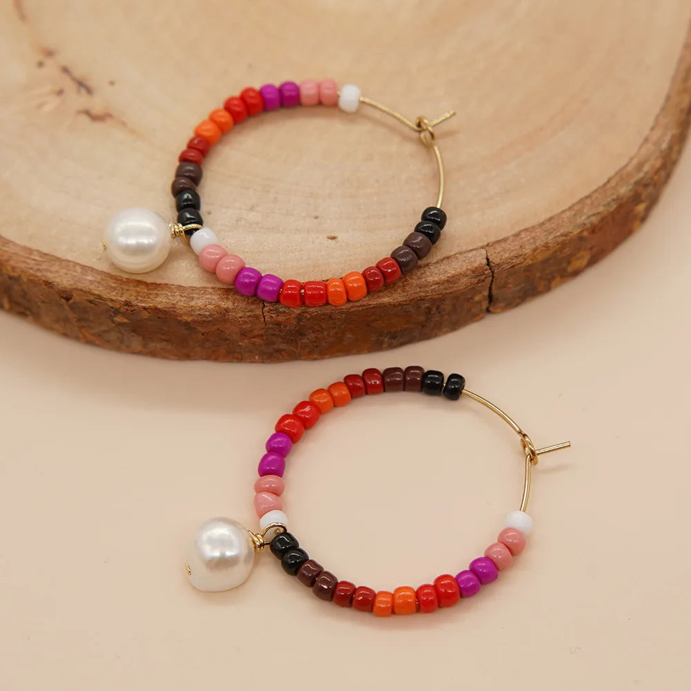 Vlen Boho Hoop Earrings Colorful Beads Pearl Drop Y2k Accessories