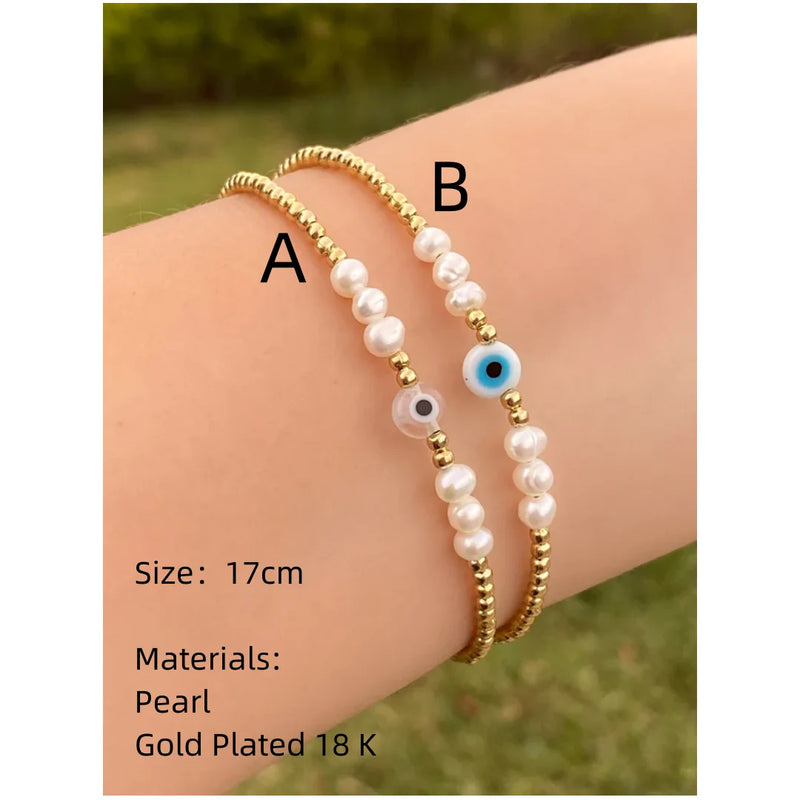 Vlen Boho Evil Eye Bracelet 18K Plated Freshwater Pearls Pulseras