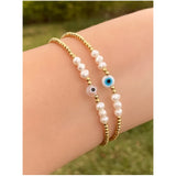 Vlen Boho Evil Eye Bracelet 18K Plated Freshwater Pearls Pulseras