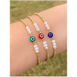 Vlen Boho Evil Eye Bracelet 18K Plated Freshwater Pearls Pulseras