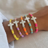 Vlen Shell Cross Bracelet Multicolor Heishi Boho Christian Jewelry