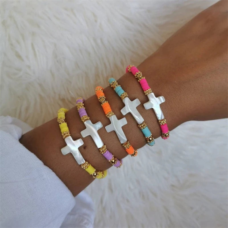 Vlen Shell Cross Bracelet Multicolor Heishi Boho Christian Jewelry