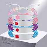 13mm Women's Medical Alert Bracelet, Pink Beads Chain with Steel ID Cuff Bangle